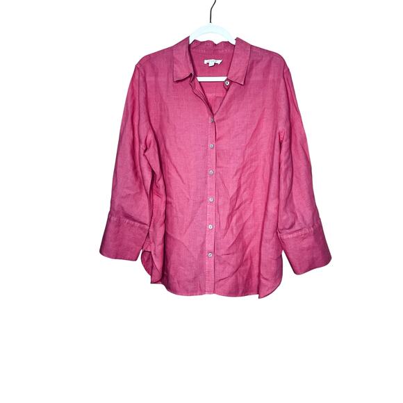 Chico's womens size 3 button-up shirt linen pink 3/4 sleeve businesscore, office - Picture 1 of 8